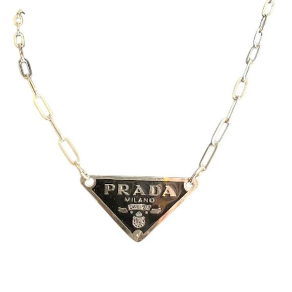 Prada Milano Silver Logo Emblem Patch Pendant with Paperclip Necklace (PRXX029) - Picture 1 of 4